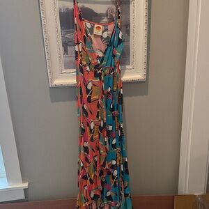 FARM Rio Tropical Toucan Wrap Midi Dress in Coral and Teal